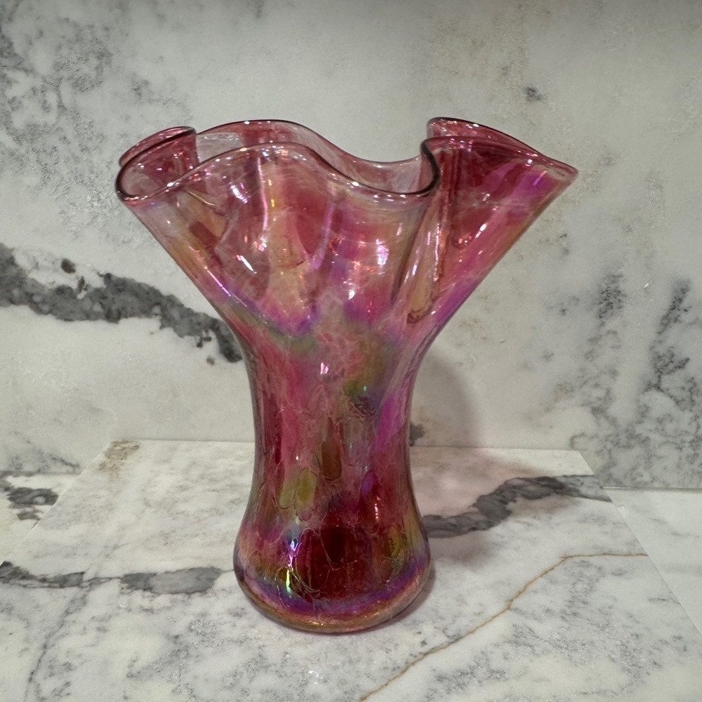 Glass Eye Studio Handkerchief Ruffled Edge Small Vase Iridescent Handblown Glass